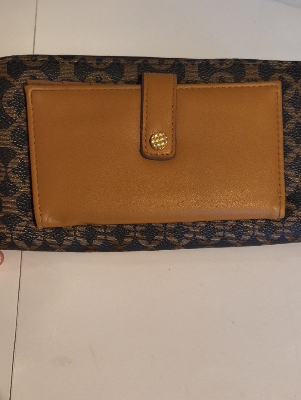 Brown Patterned Wallet with Tan Leather Front Pocket